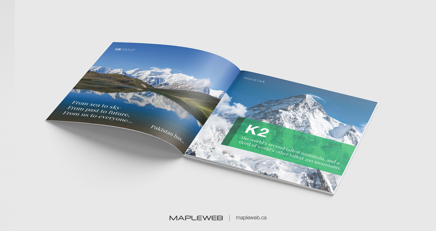 Us Group Brand design by Mapleweb Two Magazine Pages Displaying K2 World Second Tallest Mountain